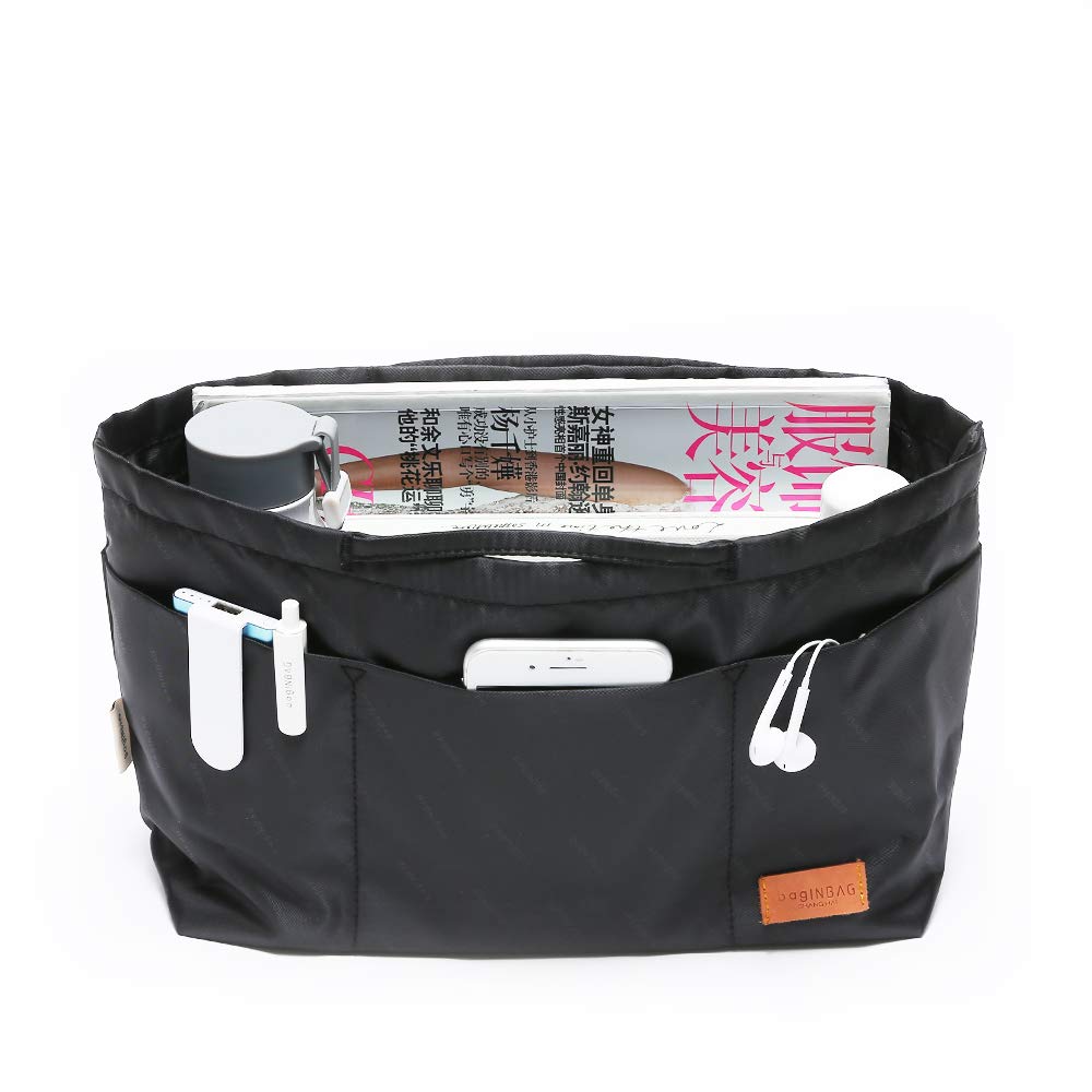 iN. Purse Organizer Insert with zipper Nylon fabric for women Handbags & Totebag, black, Medium: 15.7"(Top)/12.2"(Bottom) L × 4.7" W × 8.3" H