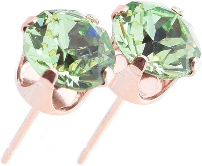 Classic Collection Sterling Silver 14k Rose Gold plated Crystal Stud Earrings. Made with sparkling Peridot Green crystal stones. Gift box.