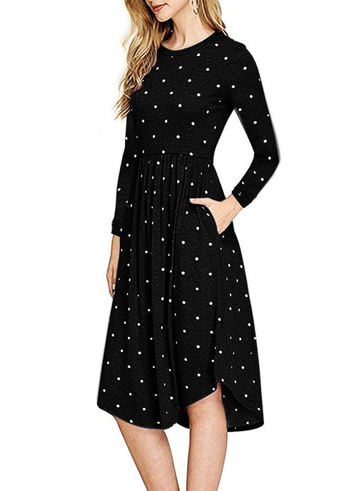AMCLOS Women Pleated Polka Dot Pocket Swing Casual Midi T Shirt Dress Long Sleeve (Black, 2XL)