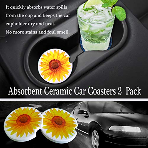2.56" Sunflower Car Coasters 2 Pack,Absorbent Ceramic Coasters for Car,Auto Coasters for Cup Holder,Car Accessories Absorb Spills From Your Cup and Keep Cup Holders Clean and Dry. (Yellow Sunflower)