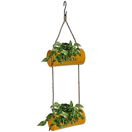 Kraft Seeds Presents Double Hanging Metal Pot for Home and Garden Use with Jute Rope Yellow Planter, (Model: KSMP-DH1)