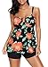 Womens Vintage Floral Two Piece Tankini Long Torso Flared Swimsuit Tummy Cover Swimwear Push Up Bathing Suit Floral Black XL (US Size: 10-12)