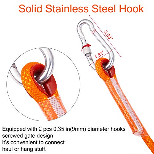 HomTop Outdoor Climbing Rope, 65Ft(20m) Length, 10.5mm Diameter, 2645Lbs(1200Kg) Pull High Strength Cord Safety Rope Braid Nylon Rope, Escape Rope Fire Rescue Parachute Rope with 2 Carabiner (Orange)