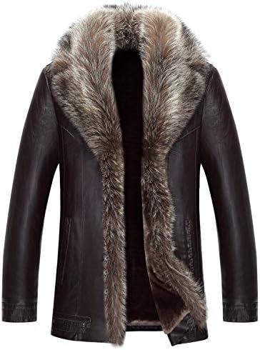 Jinmen Mens Sheepskin Leather Winter Jacket Fur Coat Warm Raccoon Parka Outwear