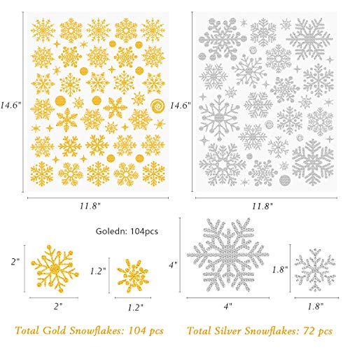 Beautyhero-Christmas-Snowflakes-Clings-Snow-Window-Stickers-Christmas-Decorations-Non-Adhesive-for-Glass-146-x-118-Inches-Gold-and-Silver-Snowflakes-Stickers-Double-Sides-Colors-4-Sheets-176-Pcs