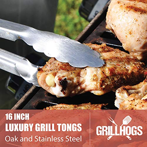 GRILLHOGS Barbecue Grill Tongs, 16 Inch, Best Metal Kitchen Tongs for Cooking and Grill Accessories, Stainless Steel + Oak Wood BBQ Tongs