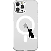 Wihytec Black Cat Magnetic Phone Case for iPhone 12 Cute Cat Magnetic Case Cover Clear Phone Case Compatible with MagSafe Shockproof Girly Women Phone Cover Transparent Case