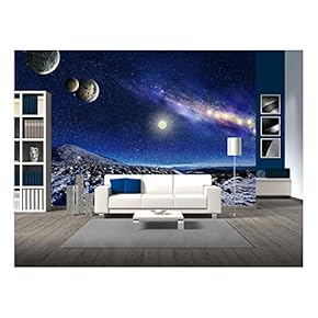 Night Space Landscape Milky Way Galaxy and Planets Over Mountains