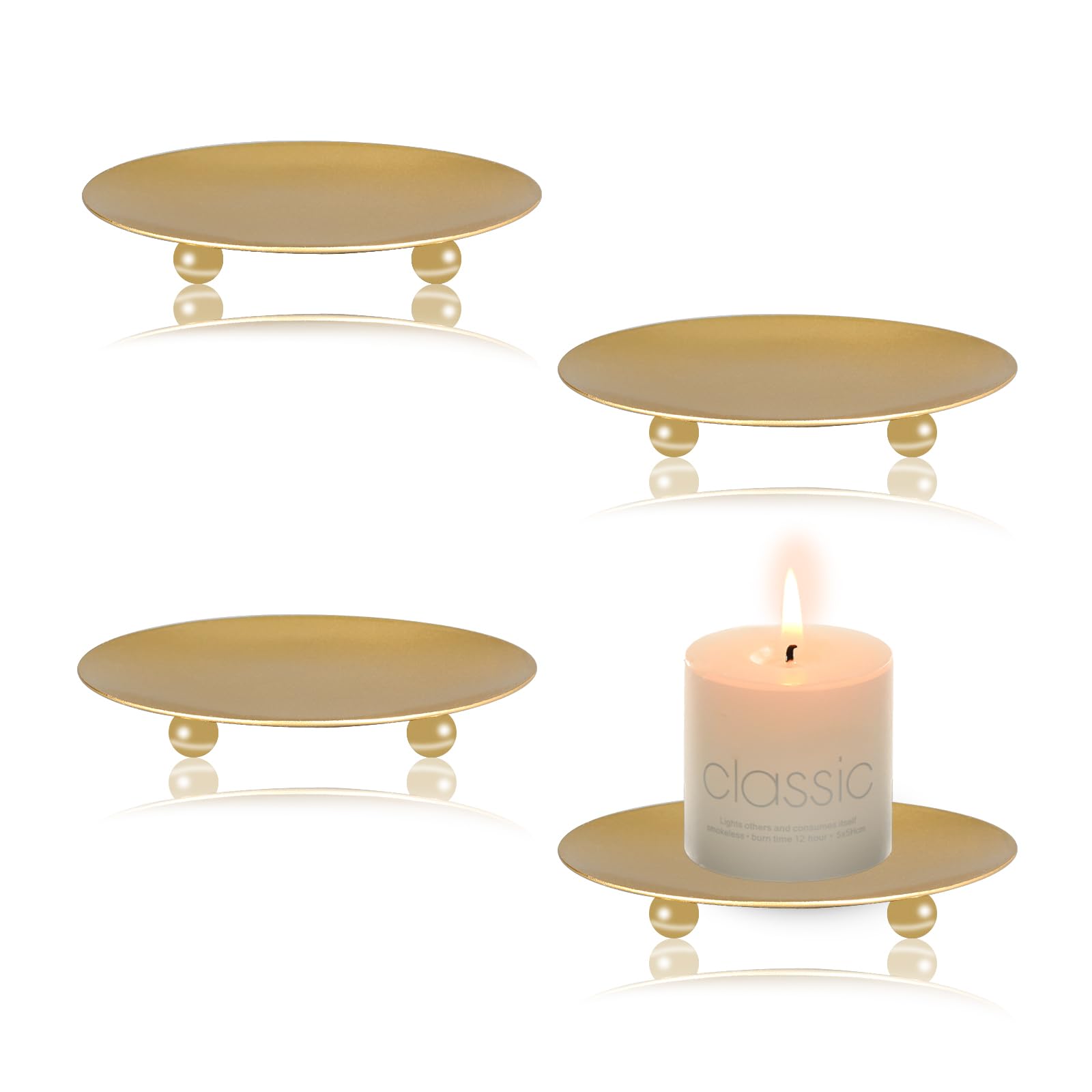 YoHyien 4 Pcs Pillar Candle Holders 3.5 in, Candle Plates for Pillar Candles, Metal Candle Dish, Retro Candle Holder Tray for Christmas, Home Party, Wedding Decoration, and Dinner (Gold)