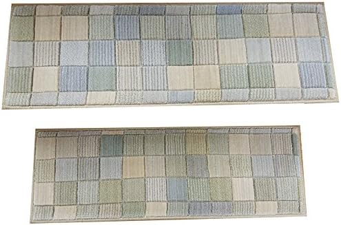 Rug Depot 182740 Contemporary Blocks Non Slip Carpet Stair Treads - Set of 13 Treads 27" x 9" - Applied with Non-Slip Pads - Pastel Beige Background - 100% Wool - Custom Made Stair Treads