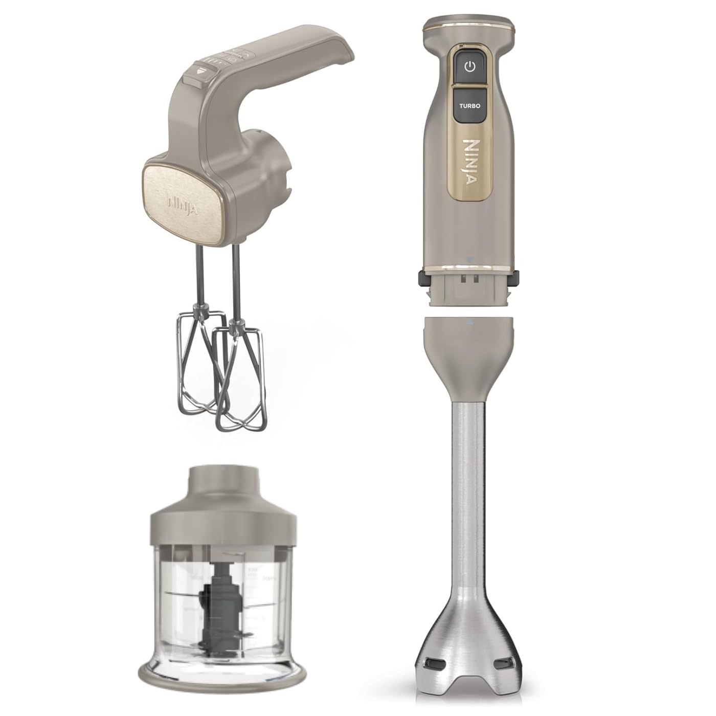 Ninja Foodi 3-in-1 Stabmixer, Handmixer & Zerkleinerer, Stufenweise Anlauf, 2 Misch-und 5 Rührgeschwindigkeiten zum Zerkleinern, Mischen, Kneten und mehr, spülmaschinenfest, Stone Gold CI100EUSTGD