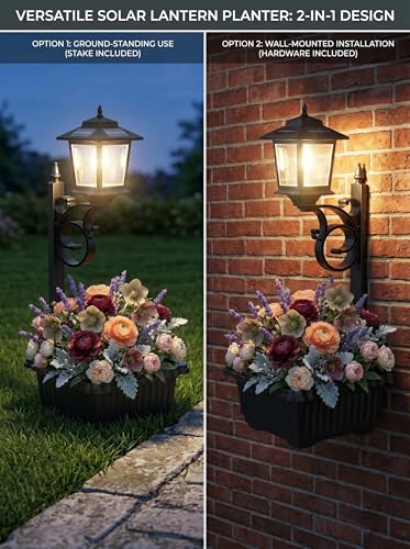 2-Pack Solar Lamp Post Lights with Planter, 2-in-1 Outdoor Flower Pot Waterproof Solar Lamp Post, Decorative Outdoor Solar Planter Lights for Garden, Patio, Pathway and Driveway, Dual Mounting Options