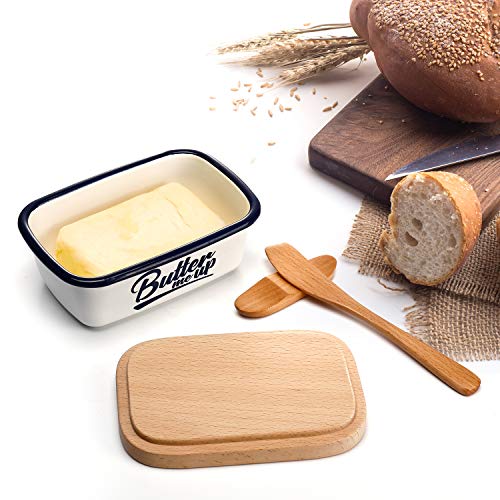 SveBake Butter Dish - Enamel Butter Boat with Beechwood Lid, Butter me up, White - Thumbnail 3