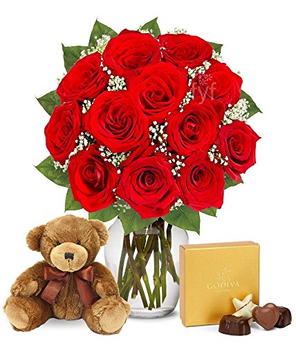 From You Flowers - One Dozen Red Roses with Godiva Chocolates & Teddy Bear