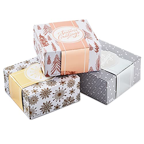 Hallmark 0005XBC1126 Holiday Set of 3 with Wrap Bands for Christmas, Hanukkah, Weddings Small Gift Boxes, Paper, Metallic Rose Gold Silver, Trees, Snowflakes