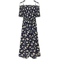 Smukke, Big Girls Floral Printed Smocking Detailed Off The Shoulder Short Sleeves Jumpsuits with Pockets (Many Options), 7-16 (Navy Multi, 14)