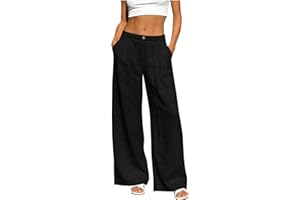 Womens Cotton Linen Straight Leg Pants Button Zipper Fly with Back Half Elastic Waist, Comfort Trousers with Pocket