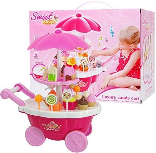 YOOMUN DIY 39 PCS Kids Toys Simulation Mini Candy Ice Cream Trolley Shop Pretend Play Set, Pink Plastic Ice Cream Car Toys