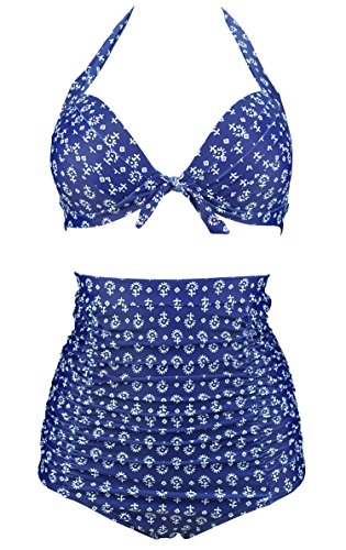 COCOSHIP Retro 50s Black Pink Blue Floral Halter High Waist Bikini Set  Halter Carnival Swimsuit(FBA)