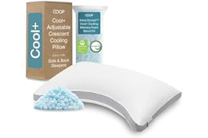 Coop Home Goods Eden Cool+ Crescent Adjustable Pillow, Queen Size Plus Shaped Memory Foam Pillows with Cooling Gel, Neck Supp
