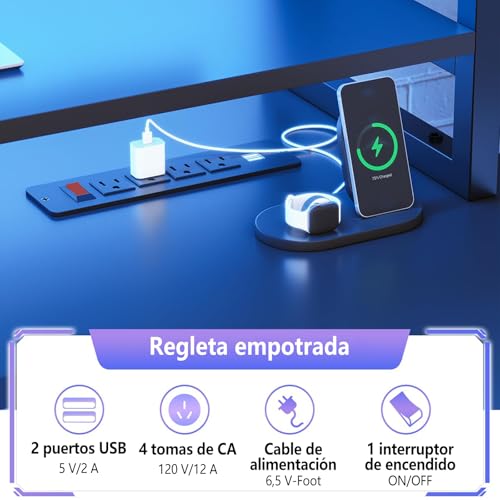 FL FASHION LEADER Escritorio Gamer 190cm Escritorio para Computadora con Luces LED Escritorio Minimalista con Soporte para Monitor, Mesa de PC con Estantes Negro