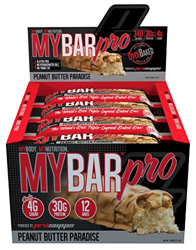 Pro Supps MyBar Pro Protein Bar, Delicious Triple Layered, Soft Oven-Baked, 30g Protein, 4g Sugar, 12 Count (Peanute Butter Paradise Flavor)