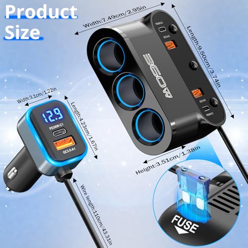 Qidoe 360 W Car Cigarette Lighter Socket 9 in 1, 3 x USB C PD 36W + Multiple Sockets, 12V/24V Cigarette Lighter Adapter with Switch Voltmeter LED Quick Charge Phone/GPS/Dash Cam