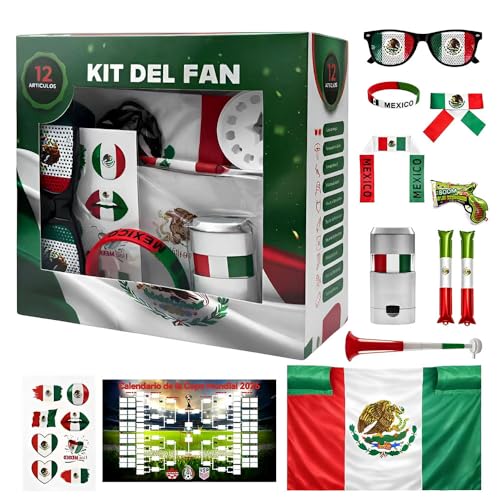 Kit Animacion Futbol Mexico 2026 (12 Pzas) - Accesorios de Fiesta para Apoyar a la Seleccion | Incluye Bandera Poliester Bastones Inflables Bocina Gafas Pintura Facial y Quiniela