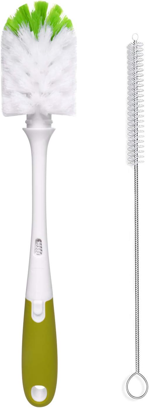 Little Lucky 2-in-1 Multi-Purpose Bottle Cleaning Brushes Kit (Bonus Teat Brush Stored in Handle) Long Flexible Handle Water Bottle Brush Cleaner - Green