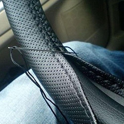 Leather Car Steering Wheel Cover, Transer DIY Leather Car Auto Soft Steering Wheel Cover Thread Anti-slip Decoration (Black)