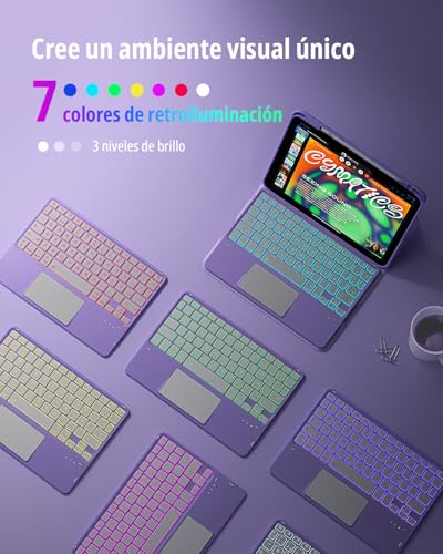 CACOE 360° Rotating Keyboard Case for iPad Air 8/7 Generation 2026/2025 M4/M3 11 Inch Air 6/5/4 with Touch Panel, 7 Color Backlight, Removable Wireless Keyboard, Purple