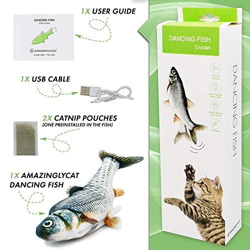 Flopping Fish Cat Toy - Interactive Cat Fish Toy for Indoor Cats | 2 Catnip Packets Included to Relieve Anxiety & Cure Boredom | USB-Charged Flopping Fish Cat Toy That Moves | Washable Gifts for Cats