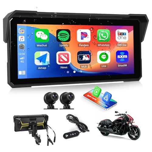 CAMECHO Motorcycle Screen 8.1 Inch HD Dash Cam Dual Camera AV/AR, CarPlay & Android Auto Wireless, IP68, Bluetooth | Universal DVR Monitor with EQ Adjustment for Motorcycles