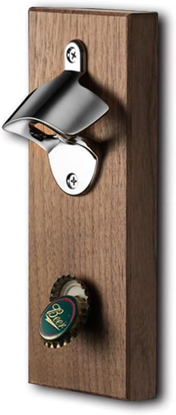 OG World Walnut Hardwood Wall Mounted Bottle Opener with Strong Magnetic Cap Catcher, Easy to Mount on Wall or Refrigerator (Magnet, Walnut)