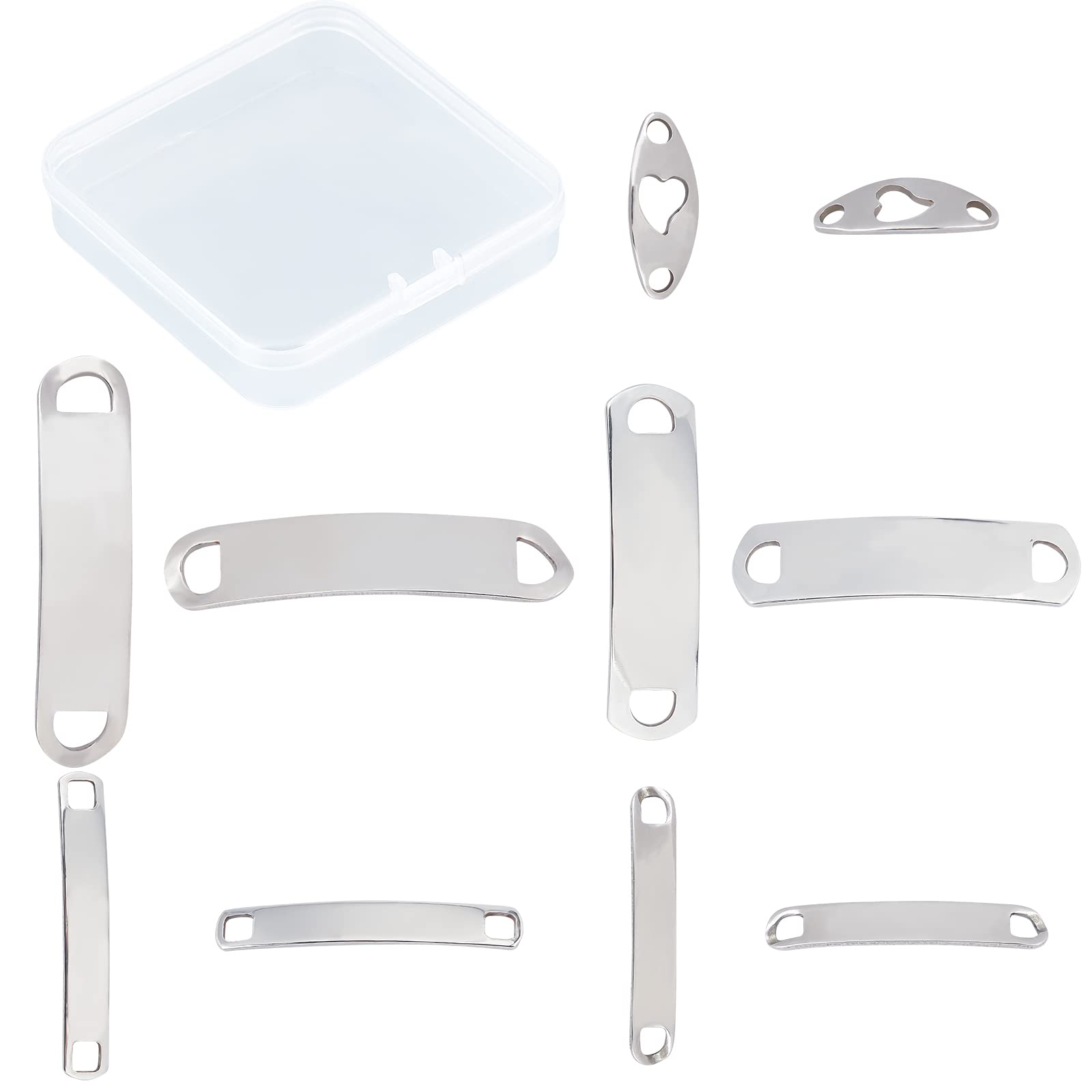 CREATCABIN 1 Box 50Pcs 5 Styles Blank Connector Charms Stainless Steel Curved Rectangle Oval Tag Stamping Bar Hollow Heart Links 2 Hole for Jewelry Making Charms Necklaces Bracelets Findings, Silver