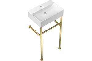 Talllor Console Bathroom Sink - 20" x 14" Gold Free Standing Bracket Stainless Steel Support Pedestal Legs Wall Mount White Rectangular Vessel Sink Ceramic Vanity Basin #TLCSC-003