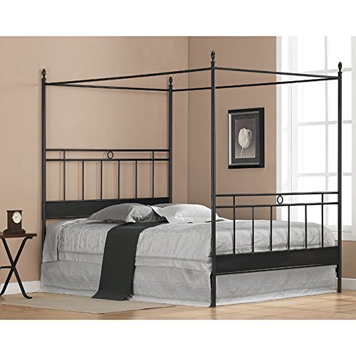 Black Metal Queensize Canopy Bed. The Frame Has Horizontal and
