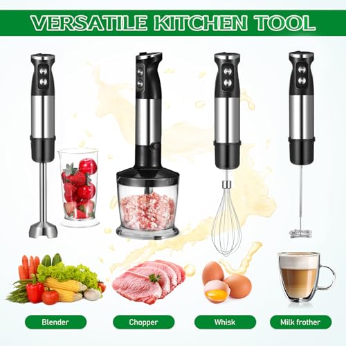 Batidora de Inmersión 5 en 1, Batidora de Mano de 1000 W, 12 Velocidades, Acero Inoxidable 304, Con Vaso Mezclador de 600 ml, Picador de 500 ml, Batidor y Espumador de Leche (Negro)