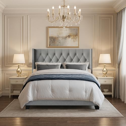 HOME DESIGN Danbury King Wingback Tufted Upholstered Bed Frame, Gray at Amazon