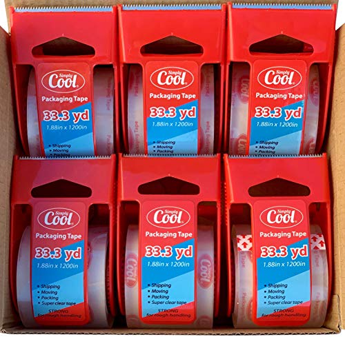 Super Clear Packing Tape with Dispenser 6 Rolls 1.88in x 1200in/33.3 yd per roll | Strong, Best for Moving Rough handling Boxes | Sealing Adhesive Industrial Packaging Shipping Mailing Office Storage