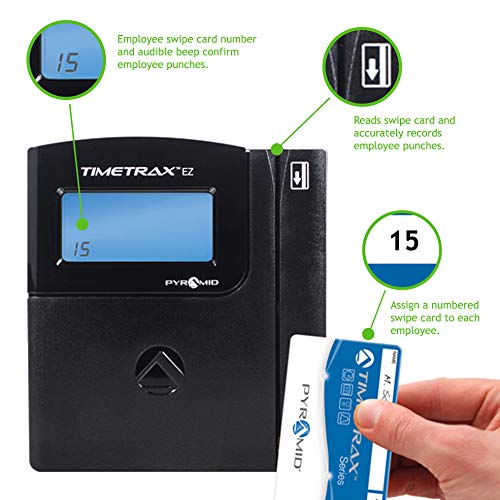 Pyramid Time Systems TTEZEK TimeTrax Automated Swipe Card Time Clock System Includes TimeTrax Software Download, Terminal, 50 Swipe Cards, Cables & Quick Start Guide, Made in The USA, Black
