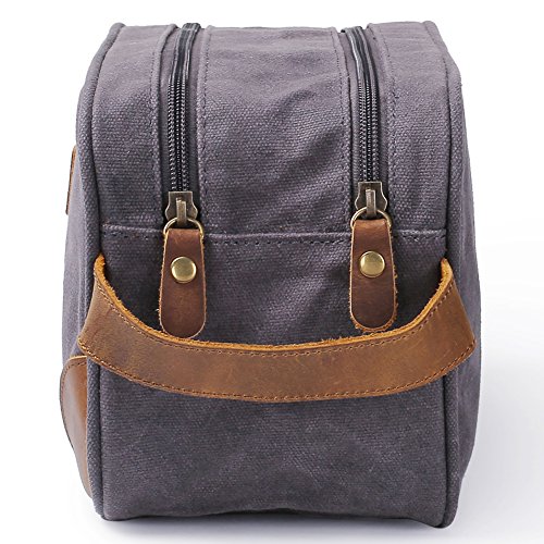 Kemy's Mens Toiletry Bag leather Canvas Toiletries Travel Bag Waxed Grooming Shaving Bags for Men Dopp Dob Dobb Kits Toilet Hygiene Bathroom Bag Double Compartment for Traveling Waterproof Gifts Gray