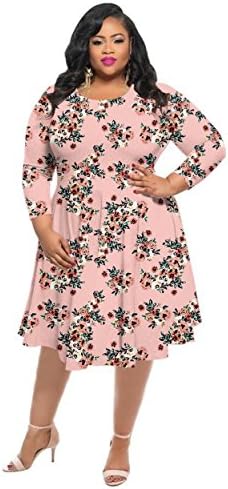 HPLY Women Fashion Casual Dresses Plus Size Printed Round Neck Maxi Dress Pink/3XL