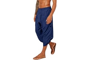 Gafeng Mens Linen Harem Capri Pants Drawstring 3/4 Shorts Casual Beach Yoga Hippie Thai Pants