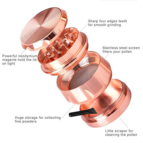 iRainy G2 Spice Herb Grinder 1.6 Inch 4 Pieces with Pollen Catcher, Metal Blue (Rose Gold)