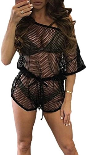 Women Off Shoulder Mesh Drawstring Short Romper Bikini Swimsuit Cover Up