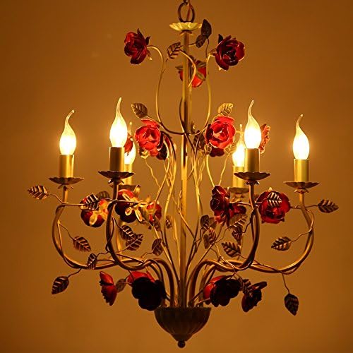 WINZSCZ American style Iron Chandelier red rose living room Princess Room bedroom hanging lamp 3/6 heads lamps lighting ZA90711 (Size : 6head)