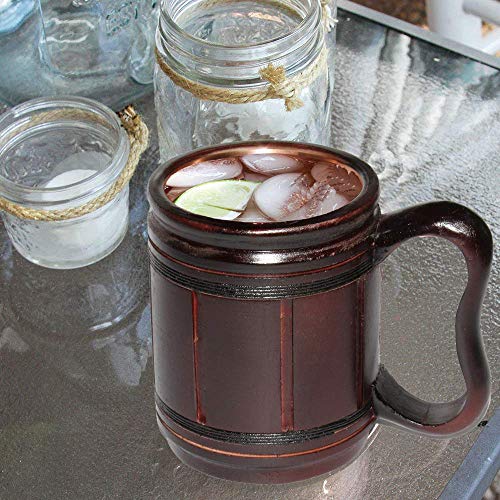 5MoonSun5's Handmade wooden Beer Mug copper Cup Carved Natural Beer Stein Old-Fashioned Barrel Brown Vintage Bar accessories - Wood Carving Beer Mug Great Retro Design Beer Tankard for Men 16oz, - Thumbnail 4