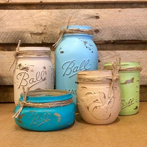 Rustic 5 Piece Mason Jar Desk Set, Blue, Green and Tan Mason Jars Bathroom Decor in Coastal Colors