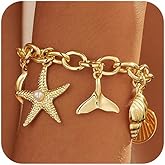 1PC Gold Seastar Bracelet for Women, Boho Adjustable Starfish and Conch Shell Charm Bracelet, Summer Beach Ocean Statement Jewelry, Stackable Dainty Seashell Bracelet